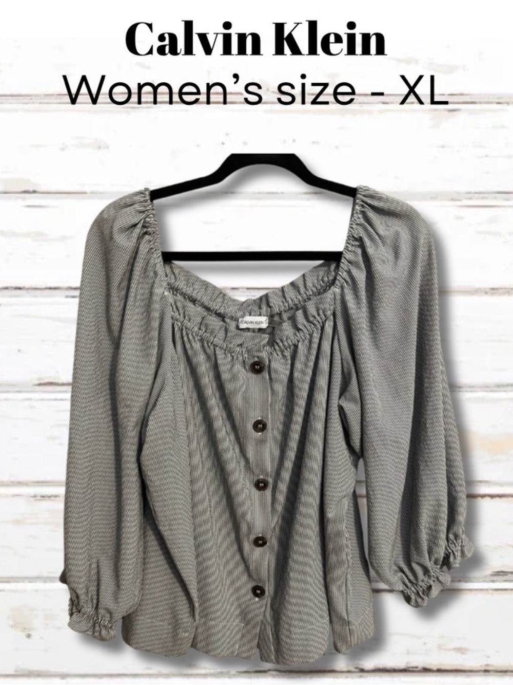 Calvin Klein Gray Button-Front Peasant Blouse